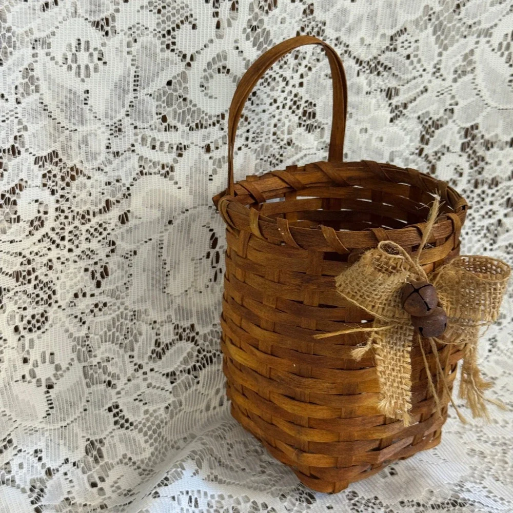 Rustic Brown Woven Wood Splint Hanging Basket with Burlap Bow & Bells Primitive